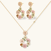 Blooming Garden — Pink Floral Jewelry Set in 14K Gold by Astral Signature™, featuring matching earrings and pendant necklace adorned with pink and mint zirconia.