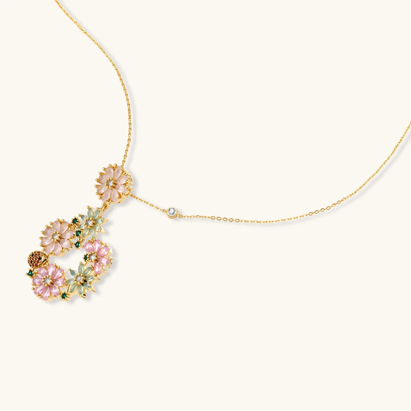 Blooming Garden — Pink Floral Jewelry Set in 14K Gold featuring an elegant pendant necklace with floral designs by Astral Signature™.