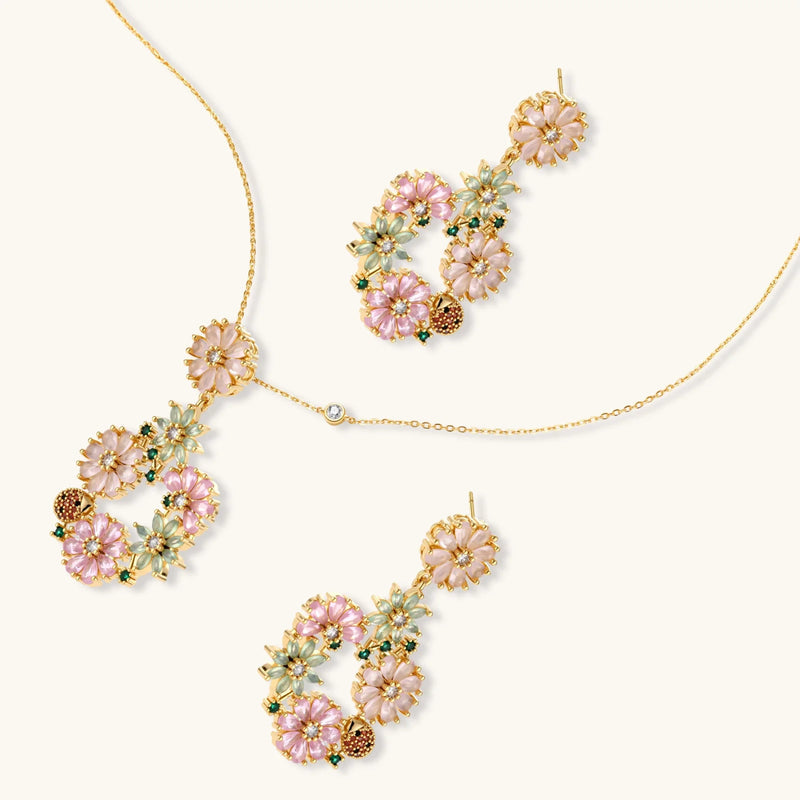 Blooming Garden — Pink Floral Jewelry Set in 14K Gold, showcasing both the necklace and earrings designed by Astral Signature™.