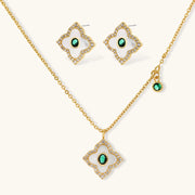 Emerald Radiance — 14K Gold Plated Emerald Zirconia Jewelry Set from Astral Signature featuring an elegant necklace and earrings, ideal for showcasing the perfect Emerald Jewelry Set. This 14K Gold Plated Jewelry Set is a statement piece with refined design, perfect for enhancing any outfit and perfect for those seeking Signature Jewelry.