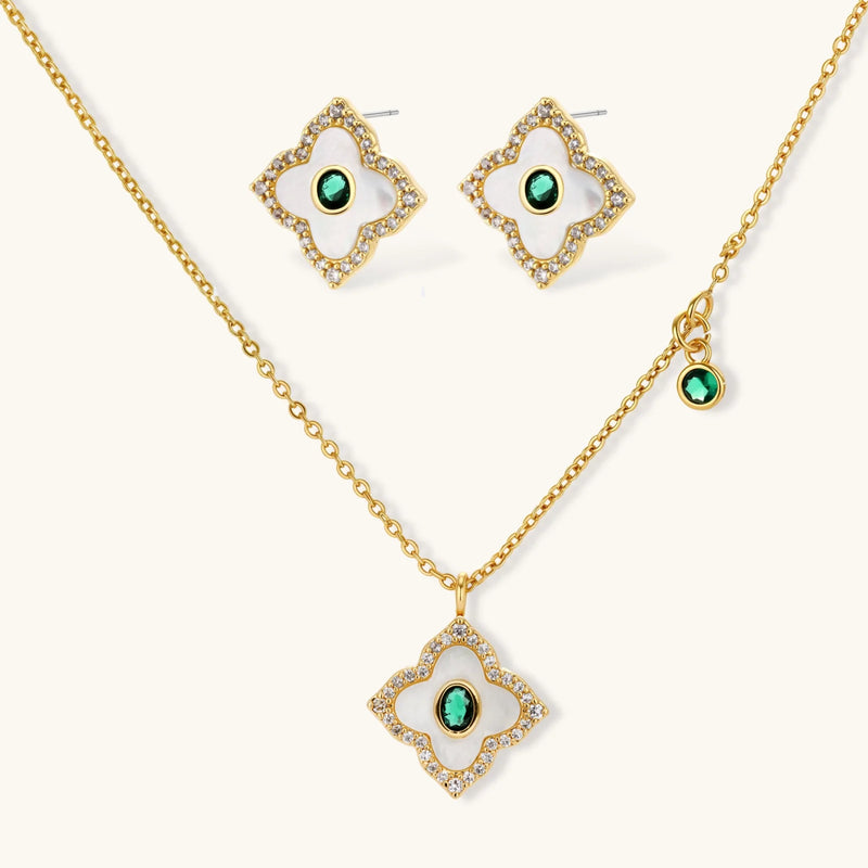 Emerald Radiance — 14K Gold Plated Emerald Zirconia Jewelry Set from Astral Signature featuring an elegant necklace and earrings, ideal for showcasing the perfect Emerald Jewelry Set. This 14K Gold Plated Jewelry Set is a statement piece with refined design, perfect for enhancing any outfit and perfect for those seeking Signature Jewelry.