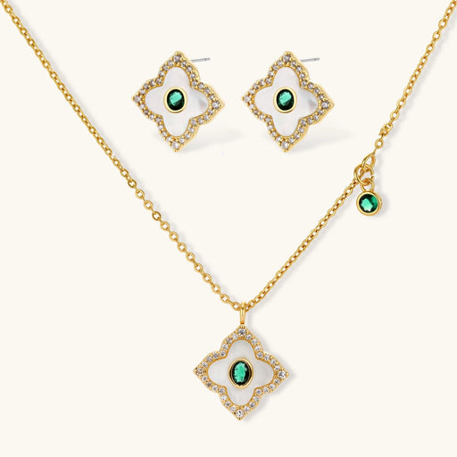 Emerald Radiance — 14K Gold Plated Emerald Zirconia Jewelry Set from Astral Signature featuring an elegant necklace and earrings, ideal for showcasing the perfect Emerald Jewelry Set. This 14K Gold Plated Jewelry Set is a statement piece with refined design, perfect for enhancing any outfit and perfect for those seeking Signature Jewelry.