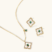 Emerald Radiance — 14K Gold Plated Emerald Zirconia Jewelry Set from Astral Signature displayed elegantly, showcasing a necklace and matching earrings. This exquisite Emerald Jewelry Set combines elegance with modern style, featuring a luxurious 14K Gold Plated Jewelry Set that stands out in any Jewelry Sets collection.