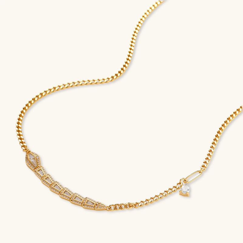 Elegant display of the Geometric Luxe Set necklace, emphasizing its architectural design and zirconia features by Astral Signature.