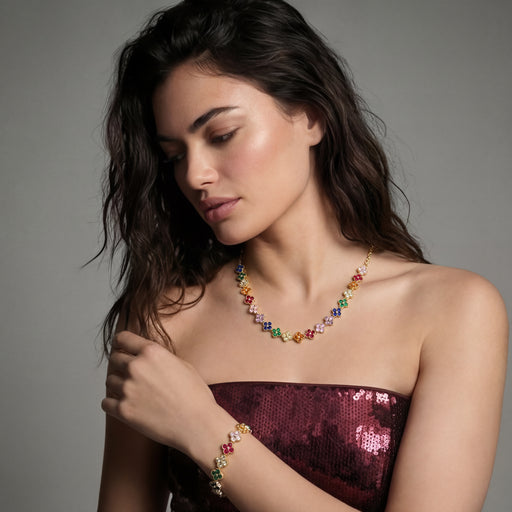 Model wearing the Lucky Clover Garden Set by Astral Signature, displaying the colorful clover necklace paired with a matching bracelet, set against a stylish background.