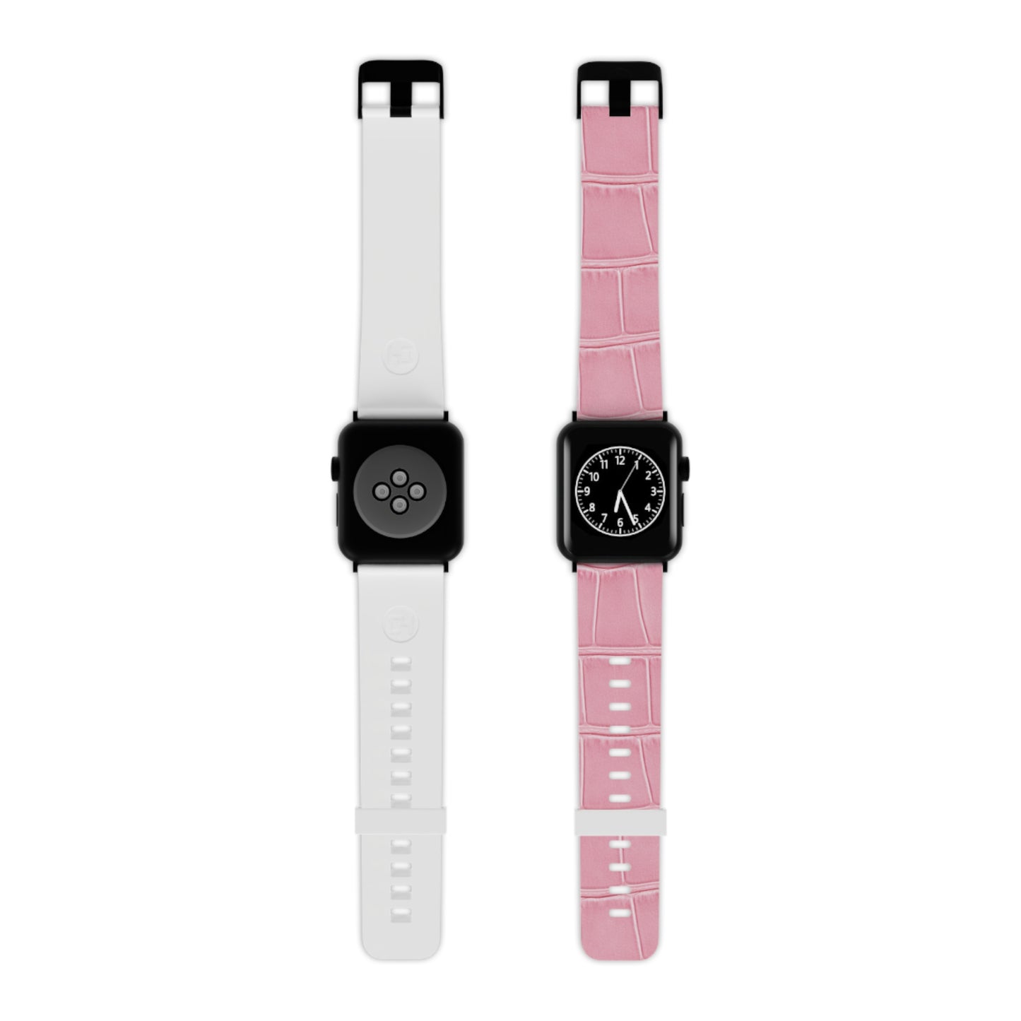 The Astral Signature™ Apple Watch Band — Pink Croc Leather displayed from an angle with a white band. This adjustable band features a sophisticated crocodile strap perfect for casual chic outfits, ideal as a gift for her or an everyday accessory.
