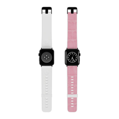 The Astral Signature™ Apple Watch Band — Pink Croc Leather displayed from an angle with a white band. This adjustable band features a sophisticated crocodile strap perfect for casual chic outfits, ideal as a gift for her or an everyday accessory.