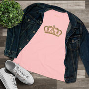 The Women’s Cotton Tee — Minimal Radiant A.S Golden Crown Lines Graphic by Astral Signature in a classic pink, demonstrating a blend of comfort and style for a women shirt.