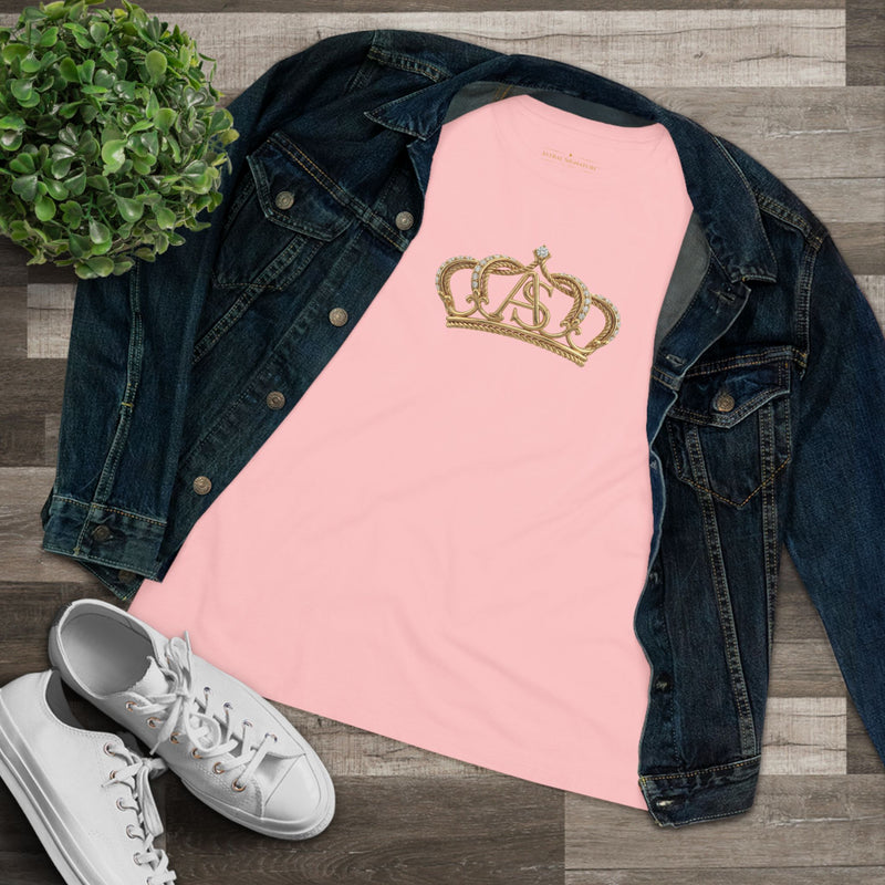 The Women’s Cotton Tee — Minimal Radiant A.S Golden Crown Lines Graphic by Astral Signature in a classic pink, demonstrating a blend of comfort and style for a women shirt.