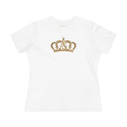 Close-up of the Women’s Cotton Tee — Minimal Radiant A.S Golden Crown Lines Graphic by Astral Signature. The soft fabric showcases a golden crown design, making it a chic choice for a women shirt.