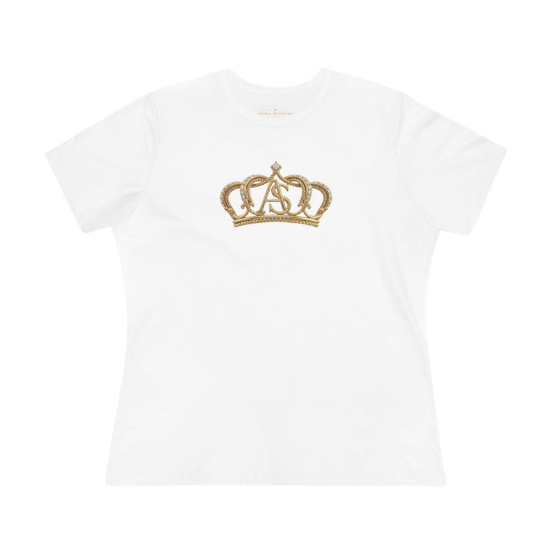 Close-up of the Women’s Cotton Tee — Minimal Radiant A.S Golden Crown Lines Graphic by Astral Signature. The soft fabric showcases a golden crown design, making it a chic choice for a women shirt.