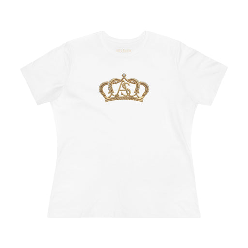 Close-up of the Women’s Cotton Tee — Minimal Radiant A.S Golden Crown Lines Graphic by Astral Signature. The soft fabric showcases a golden crown design, making it a chic choice for a women shirt.