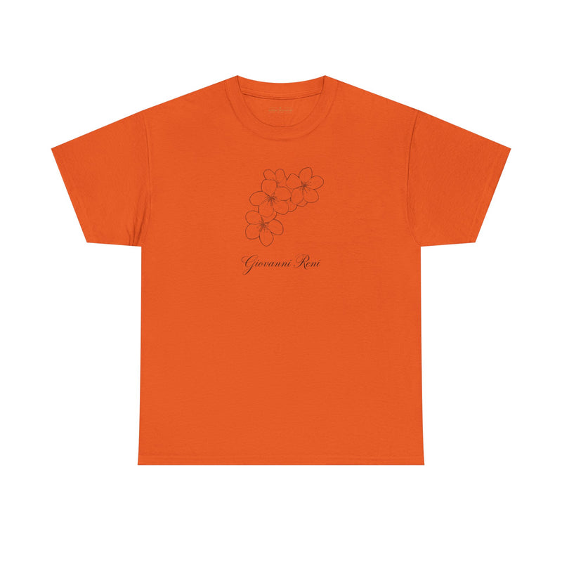 Front view of the Giovanni Reni Floral Script Tee, 'Guerrera Rosa', in bold orange color, highlighted as a Women’s Relaxed Tee by Astral Signature.