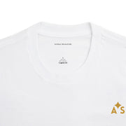 Close-up view of the ribbed collar of the Unisex Classic Logo Tee by Astral Signature in white, highlighting the quality and durability of the garment.