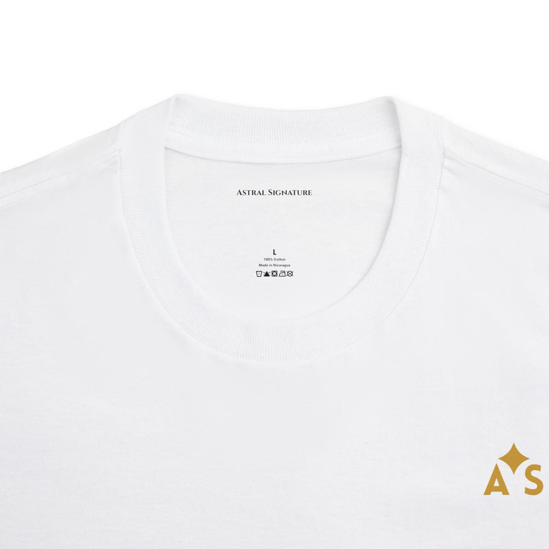 Close-up view of the ribbed collar of the Unisex Classic Logo Tee by Astral Signature in white, highlighting the quality and durability of the garment.