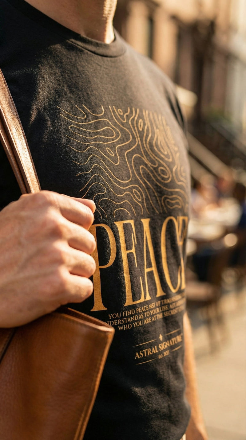 Astral Inner Peace Minimalist Tee — Gold ‘PEACE’ Script Men’s T-Shirt