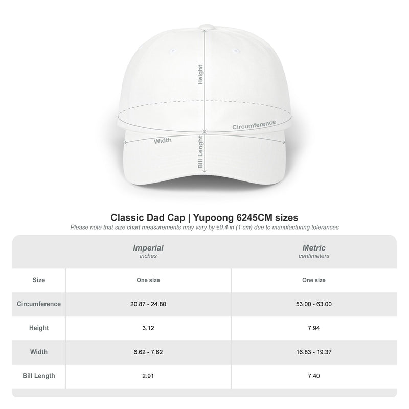 Detailed size guide for the Classic Dad Cap by Astral Signature™, highlighting measurements for this unisex accessory. This classic cap is designed for comfort, making it a versatile choice for outdoor activities and everyday wear.