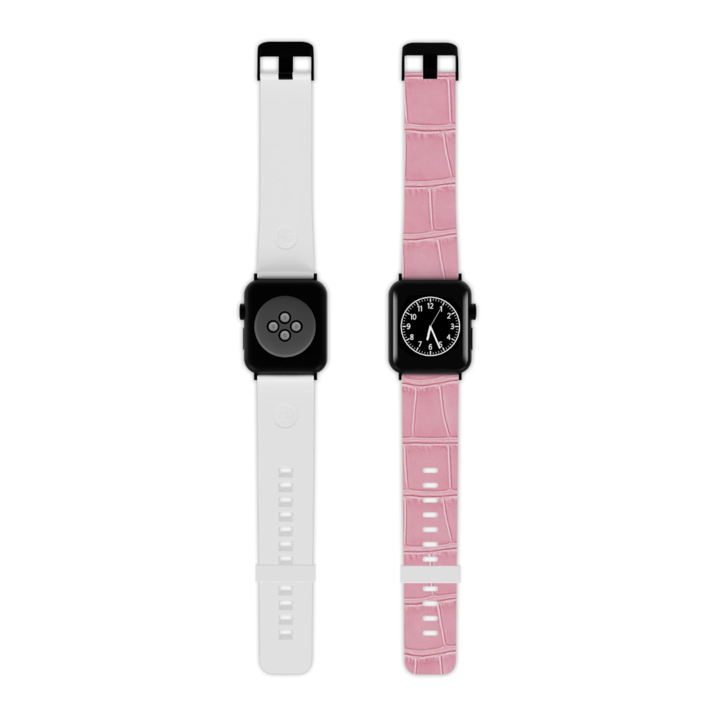 Profile view of the Astral Signature™ Apple Watch Band — Pink Croc Leather alongside a white band. This adjustable band is ideal for casual chic looks and perfect for spring outfits, featuring a leather look with a feminine touch for everyday wear.