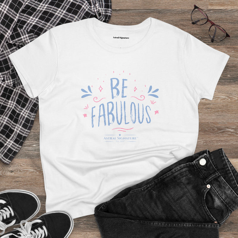 The Be Fabulous Tee by Astral Signature laid flat with casual outfit components, emphasizing its versatility. This Inspirational Graphic Shirt is a stylish choice for women's fashion, making it easy to create feminine tee outfits for various occasions. A great addition to every women's wardrobe.
