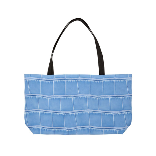 Front view of the Weekender Tote Bag - Structured Croc-Embossed in Light blue, showcasing its elegant crocodile print design, perfect as a stylish beach tote, carry-all bag, or vacation tote. Ideal for everyday use, this spacious tote bag complements your fashion accessories seamlessly.