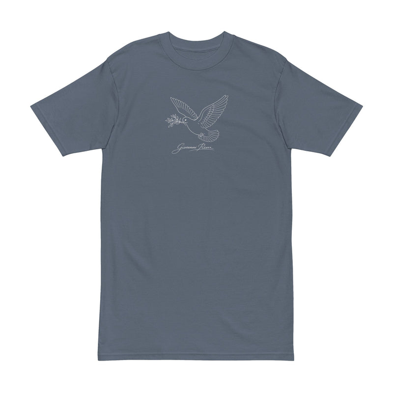 Front view of the Giovanni Reni™ Dove Signature Tee in slate gray, displaying a minimalist dove motif. This Minimalist Men’s T-Shirt makes a great gift for him, ideal for stylish men’s casual wear.