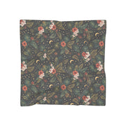 Stylish Astral Floral Moonlight Scarf featuring a botanical crescent moon pattern, designed by Astral Signature. Perfect accessory for any outfit, this scarf boasts vibrant floral designs against a dark backdrop. ACCESSORIES, scarf, Scarves.