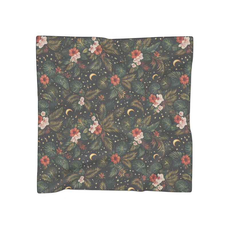 Stylish Astral Floral Moonlight Scarf featuring a botanical crescent moon pattern, designed by Astral Signature. Perfect accessory for any outfit, this scarf boasts vibrant floral designs against a dark backdrop. ACCESSORIES, scarf, Scarves.