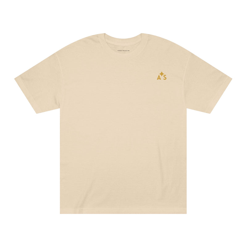 Unisex Classic Logo Tee by Astral Signature in warm beige, showcasing a minimalistic embroidered-style sunrise emblem over the left chest, ideal for everyday wear.