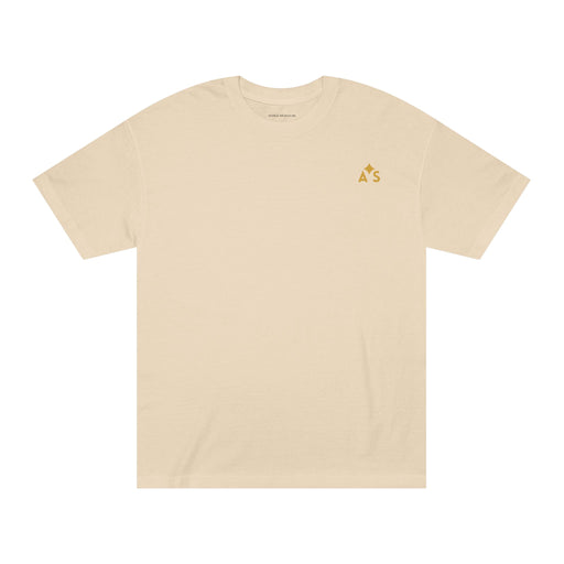 Unisex Classic Logo Tee by Astral Signature in warm beige, showcasing a minimalistic embroidered-style sunrise emblem over the left chest, ideal for everyday wear.