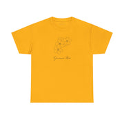 Front view of the Giovanni Reni Floral Script Tee, 'Guerrera Rosa', in a vibrant yellow color, designed as a Women’s Relaxed Tee by Astral Signature.