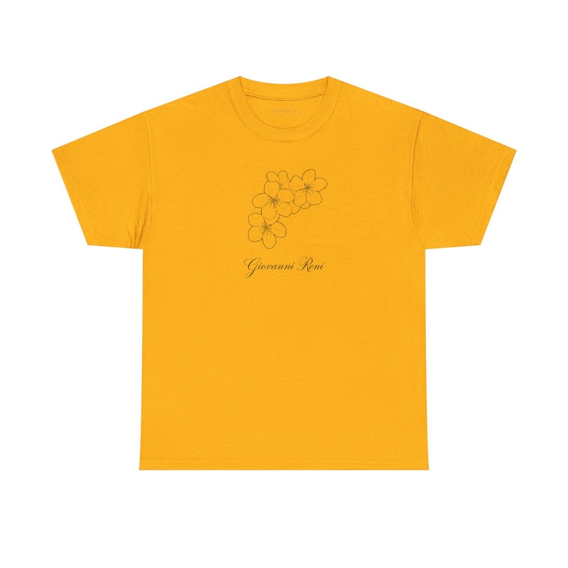 Front view of the Giovanni Reni Floral Script Tee, 'Guerrera Rosa', in a vibrant yellow color, designed as a Women’s Relaxed Tee by Astral Signature.