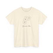 A close-up view of the neckline of the Giovanni Reni Floral Script Tee, 'Guerrera Rosa', showcasing its classic style as a Women’s Relaxed Tee by Astral Signature.