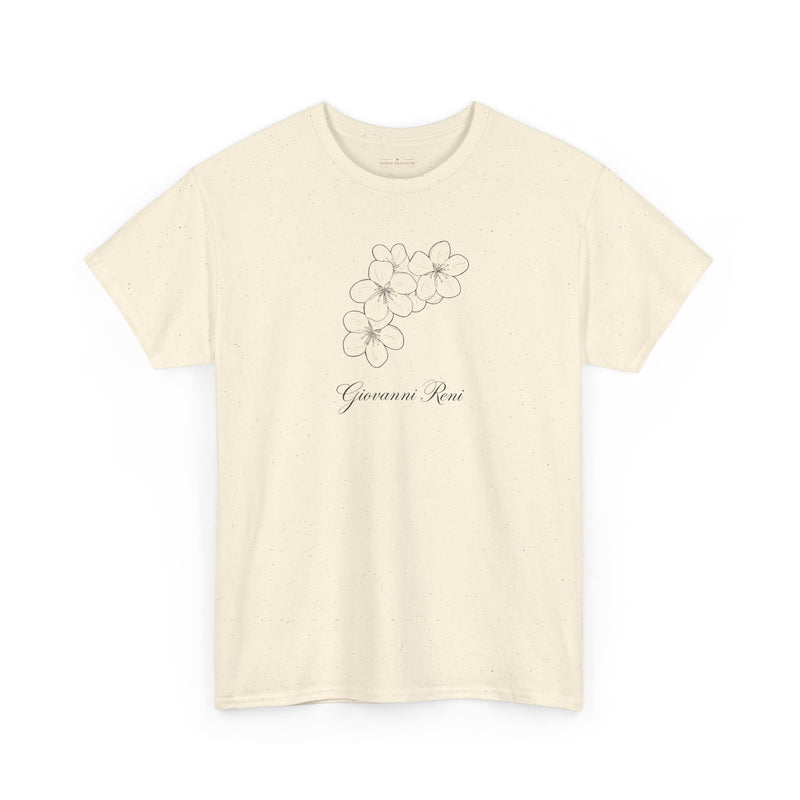 A close-up view of the neckline of the Giovanni Reni Floral Script Tee, 'Guerrera Rosa', showcasing its classic style as a Women’s Relaxed Tee by Astral Signature.