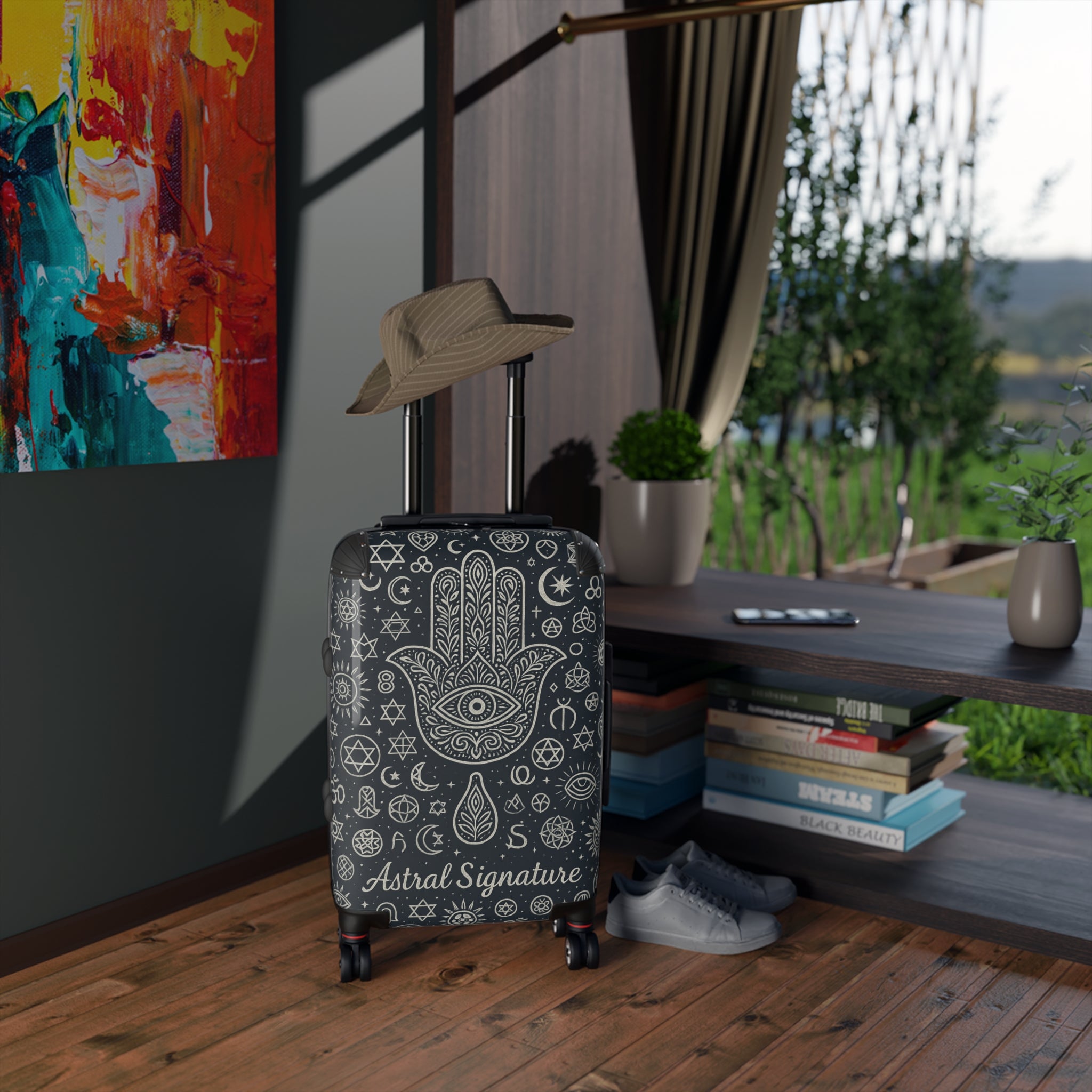Traveler using the Astral Signature Sacred Travel Suitcase at the airport, a stylish choice for a meditation trip carry-on.