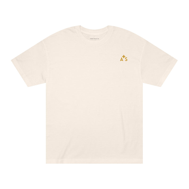 Unisex Classic Logo Tee by Astral Signature in light cream, with a delicate embroidered sunrise emblem on the left chest, combining style and comfort.