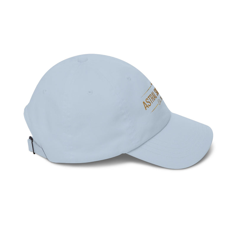 Side view of the light blue Classic Dad Cap by Astral Signature™, displaying its trendy design and comfortable fit. This everyday cap serves as a stylish accessory for both casual and outdoor occasions.