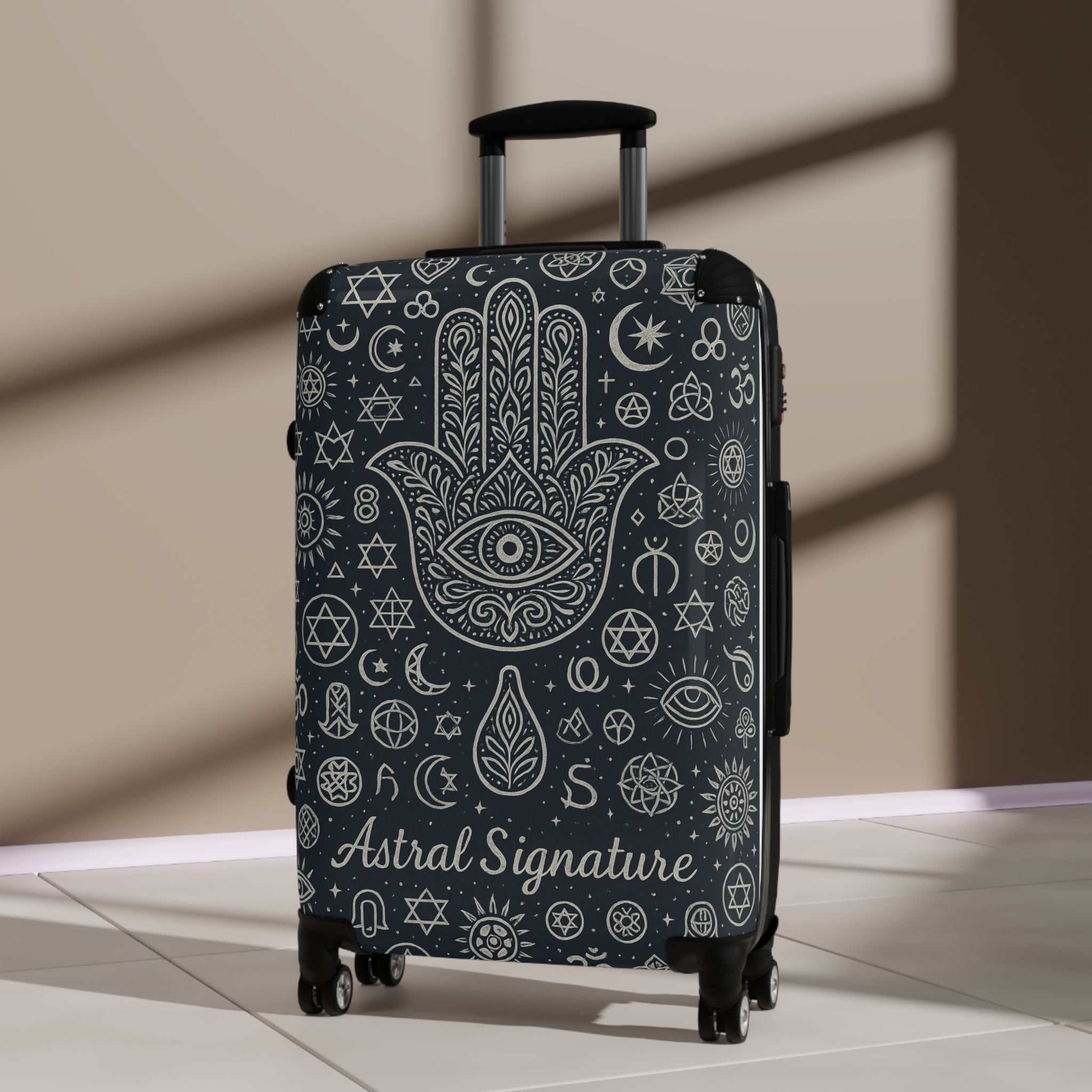 The Astral Signature Sacred Travel Suitcase displayed in a boutique setting, emphasizing its role as a premium meditation carry-on luggage.
