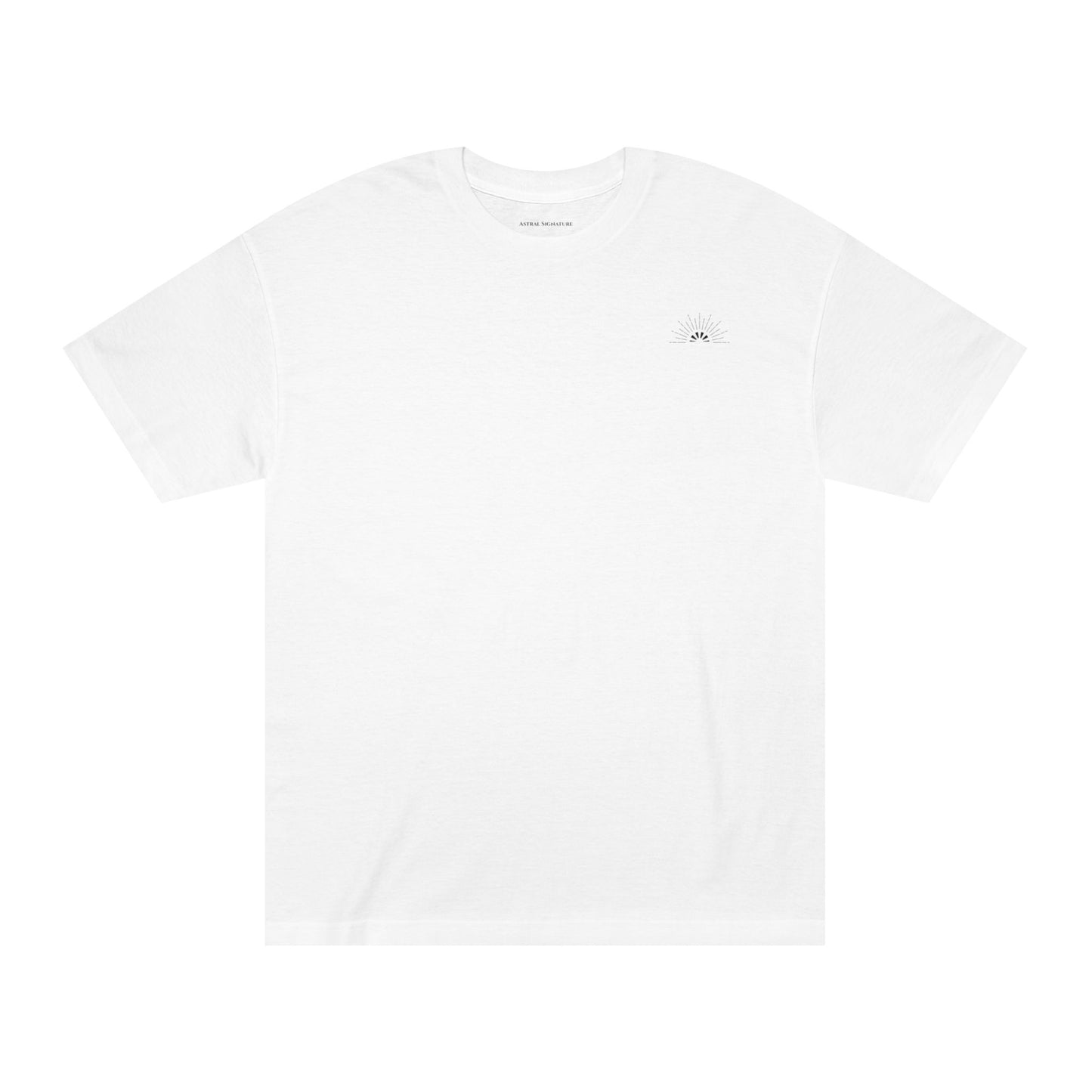 Unisex Classic Logo Tee – Sunrise by Astral Signature in crisp white, featuring a subtle sunrise emblem. This classic tee is a versatile and simple addition to any casual outfit, perfect for summer outings and everyday wear.