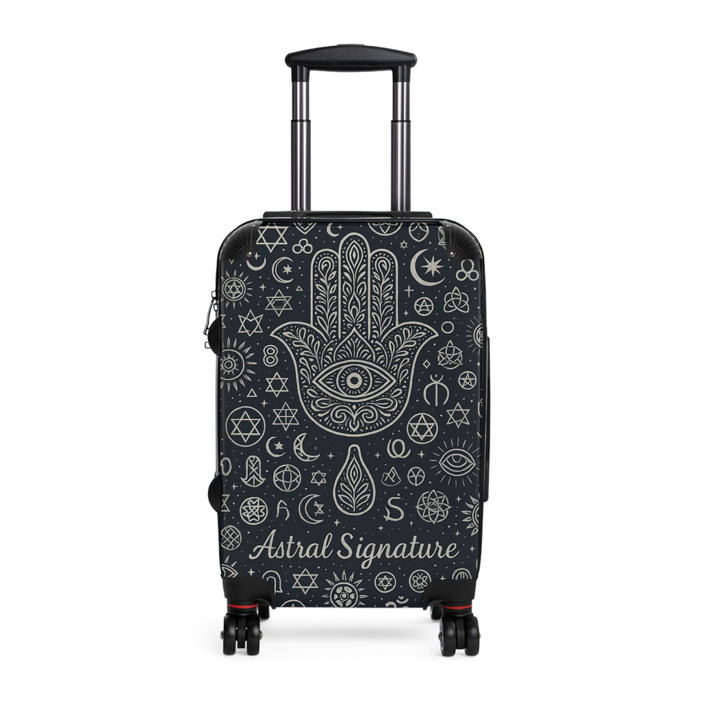The Astral Signature Sacred Travel Suitcase features a durable exterior, designed as a premium cabin suitcase with unique cosmic patterns.