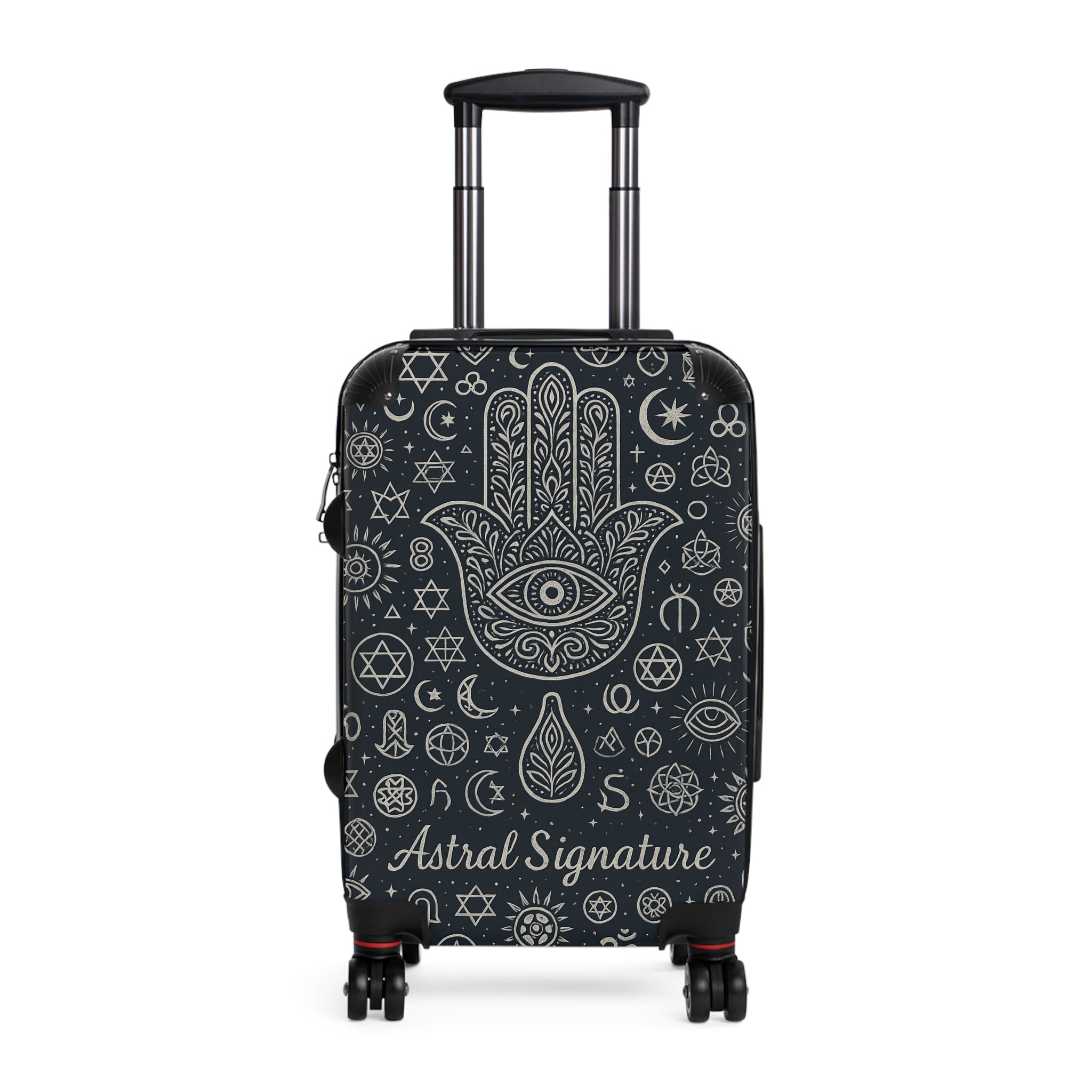 The Astral Signature Sacred Travel Suitcase features a durable exterior, designed as a premium cabin suitcase with unique cosmic patterns.