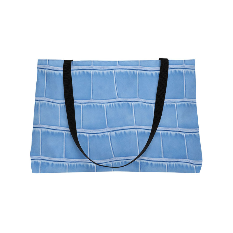 Back view of the Weekender Tote Bag - Structured Croc-Embossed in Light blue, emphasizing its sleek crocodile texture, making it a versatile choice for a shopping tote or travel bag. This large tote is perfect for weekend getaways or as a work tote.