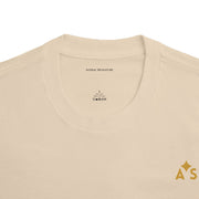 Close-up view of the ribbed collar of the Unisex Classic Logo Tee by Astral Signature in beige, emphasizing the comfort and structured fit.