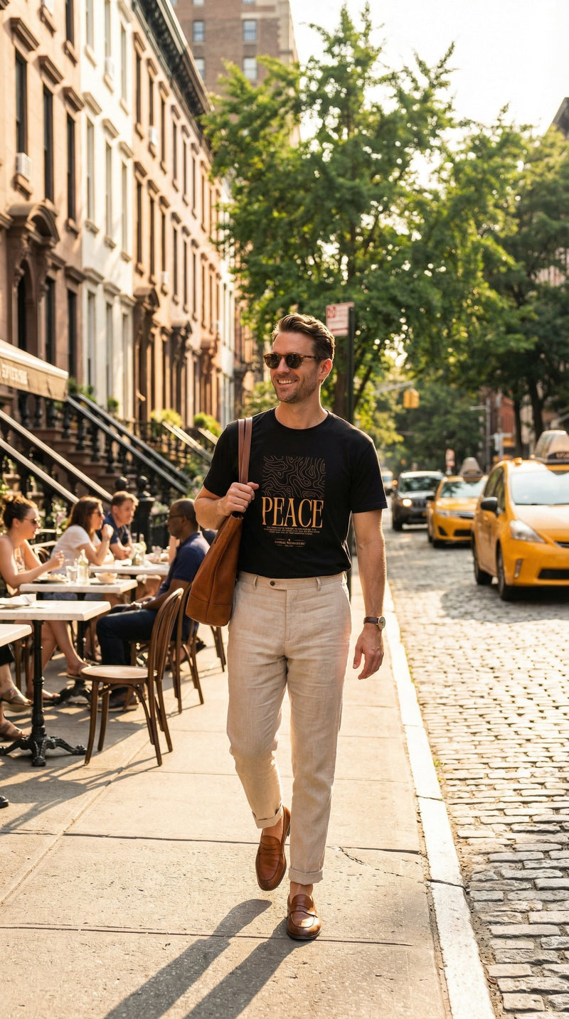 Astral Inner Peace Minimalist Tee — Gold ‘PEACE’ Script Men’s T-Shirt