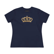The Women’s Cotton Tee — Minimal Radiant A.S Golden Crown Lines Graphic by Astral Signature shown in navy blue. A stylish women tee that combines elegance with casual style.