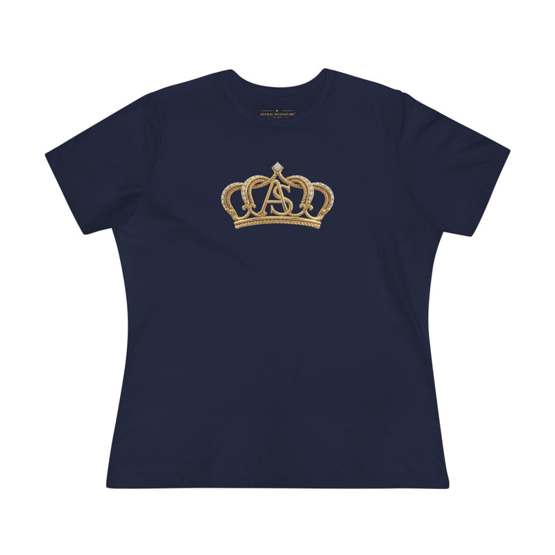 The Women’s Cotton Tee — Minimal Radiant A.S Golden Crown Lines Graphic by Astral Signature shown in navy blue. A stylish women tee that combines elegance with casual style.
