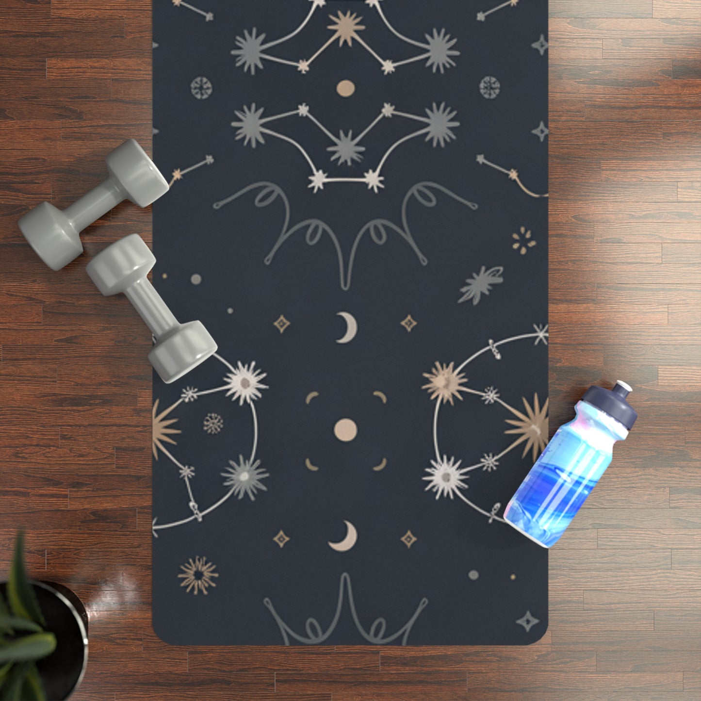 Astral Signature™ Rubber Yoga Mat featuring a beautiful constellation design with stars and moons, perfect for home yoga, meditation, and studio use. This lightweight fitness mat is ideal for travel and incorporates elements of workout and pilates sessions.