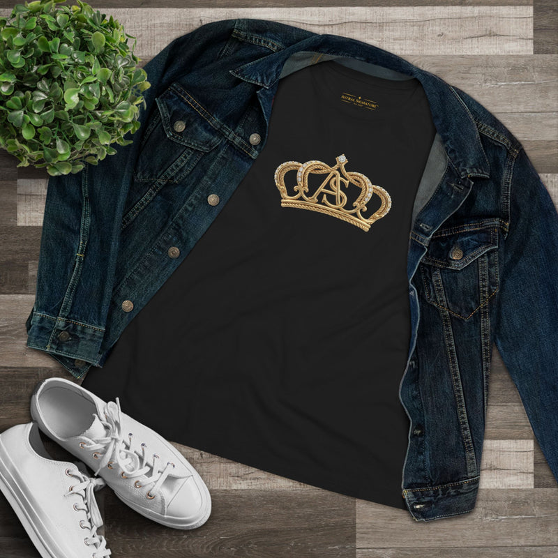 Flat lay of the Women’s Cotton Tee — Minimal Radiant A.S Golden Crown Lines Graphic by Astral Signature in black, paired with stylish accessories. This chic women shirt enhances any outfit.