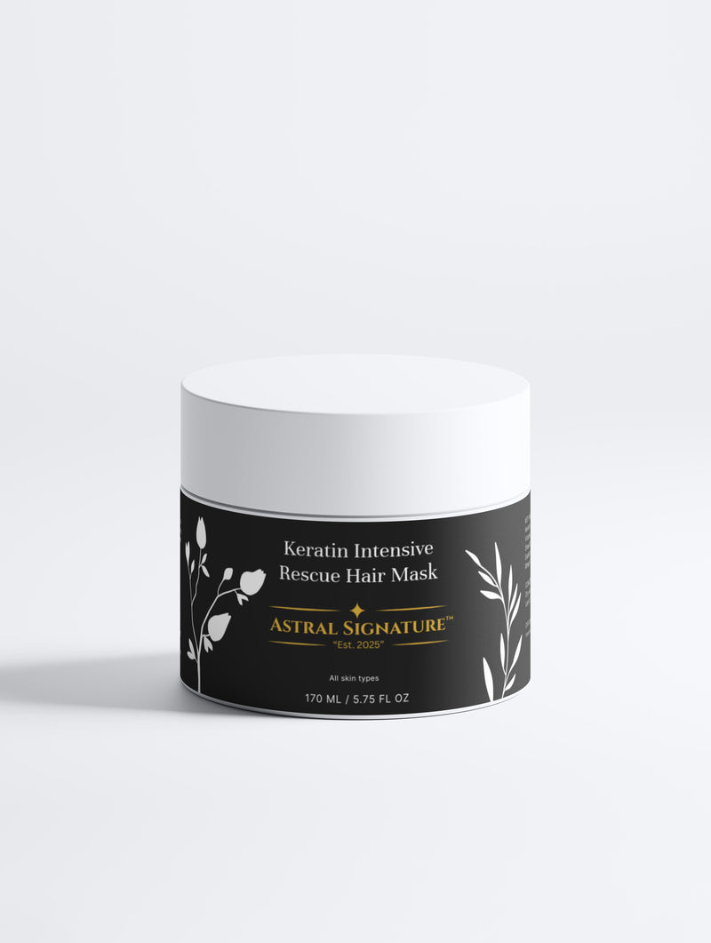 Keratin Intensive Rescue Hair Mask by Astral Signature, packaged in a white jar, suitable for all skin types and designed for deeply nourishing dry ends. This hair mask enhances shine and smoothness, helping to reduce breakage and split ends with its keratin, peptides, and wheat protein active ingredients. The natural certified formula addresses the lack of glow, providing a luxurious hair-care experience.