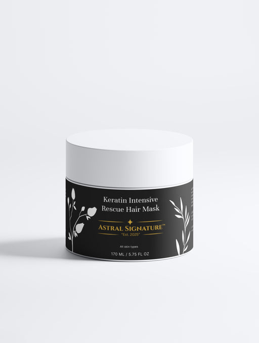 Keratin Intensive Rescue Hair Mask by Astral Signature, packaged in a white jar, suitable for all skin types and designed for deeply nourishing dry ends. This hair mask enhances shine and smoothness, helping to reduce breakage and split ends with its keratin, peptides, and wheat protein active ingredients. The natural certified formula addresses the lack of glow, providing a luxurious hair-care experience.