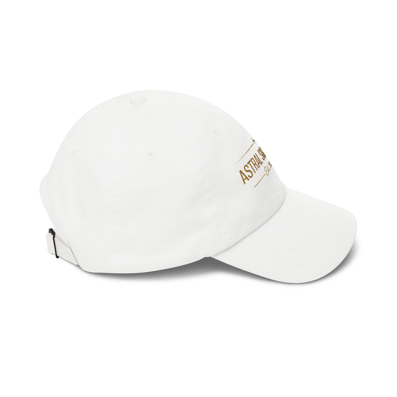 Side view of the white Classic Dad Cap by Astral Signature™, indicating its style and utility. This classic cap is a great choice for casual outings and a fashionable gift for Father’s Day.